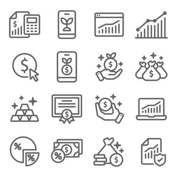 Investment symbol icon set vector illustration. Contains such icon as Gold, Portfolio, Certificate, Stock market, Growth, Finance and more. Expanded Stroke