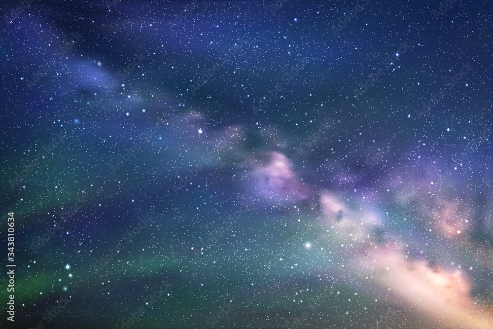 Poster vector illustration with milky way and green aurora borealis. space dark background with our galaxy 