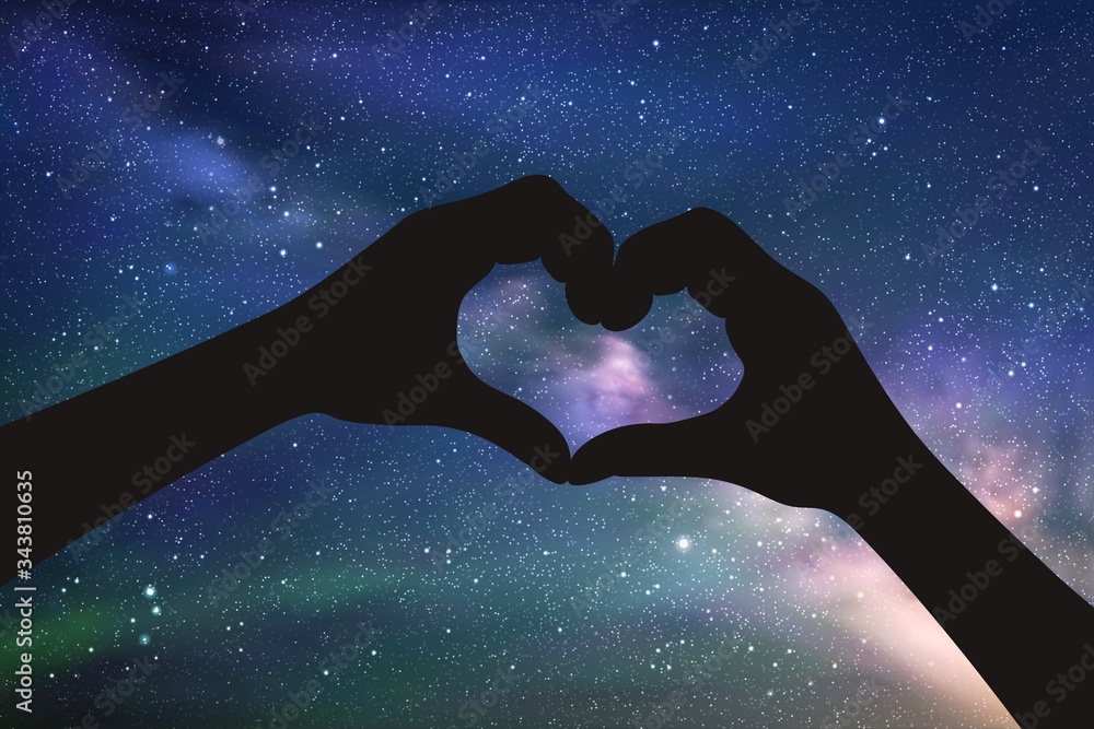 Canvas Prints heart shaped hands at night. romantic vector illustration with hand gesture silhouette on starry sky