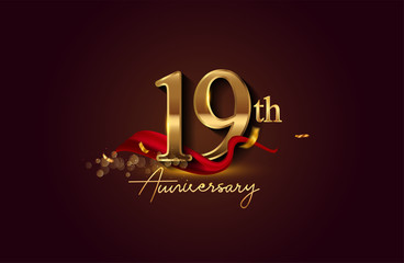 19th anniversary logo with red ribbon and golden confetti isolated on elegant background, sparkle, vector design for greeting card and invitation card.