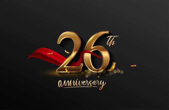 26th anniversary logo with red ribbon and golden confetti isolated on elegant background, sparkle, vector design for greeting card and invitation card.