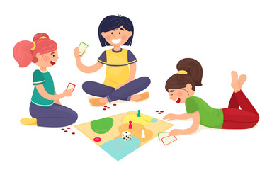 Obraz na płótnie Canvas Children play board games on the floor. Home entertainment. Vector illustration in cartoon flat style.