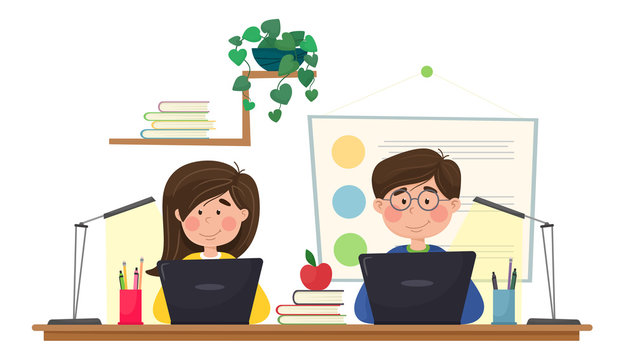Online school. Teaching children online lessons. The boy and girl are engaged in lessons remotely. Vector illustration in cartoon flat style.