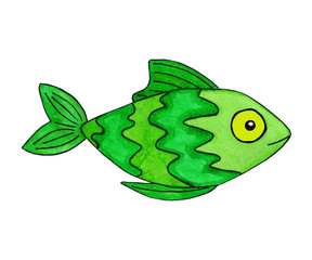 Bright funny fish with yellow eye. Bright contrast colors. Green and lime. Wavy stripes. Hand drawn watercolor illustration.
