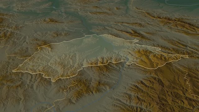 Jablanički, district with its capital, zoomed and extruded on the relief map of Serbia in the conformal Stereographic projection. Animation 3D