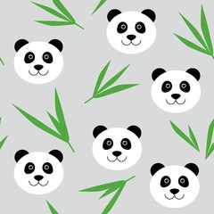 Cute cartoon panda bear seamless pattern. Vector background with panda face and bamboo leaves. For children's textile