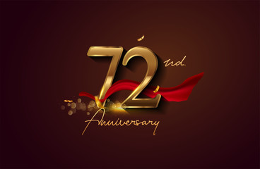 72nd anniversary logo with red ribbon and golden confetti isolated on elegant background, sparkle, vector design for greeting card and invitation card