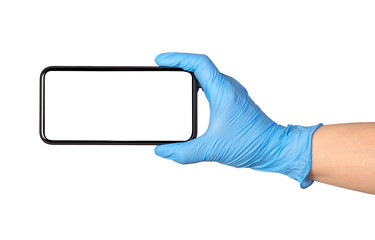 Blank smartphone held in hand in blue protective glove, isolated on white background