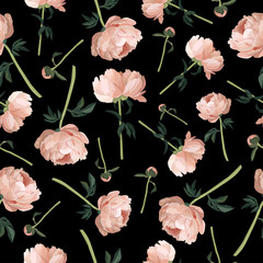 Peonies vector seamless pattern. Hand drawn flowers on black background. Floral Wrapping paper design template. - 343814248