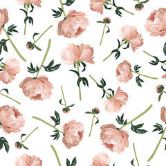 Peonies seamless pattern. Hand drawn floral vector background. Wrapping paper design template. - 343814258