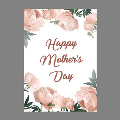Happy Mother's Day calligraphy lettering and hand drawn peonies soft background. Vector greeting card template isolated on grey. Printing template.