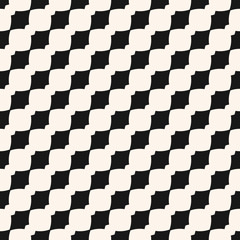 Vector geometric seamless pattern with curved shapes, diagonal lines, repeat tiles. Abstract black and white checkered texture. Minimal monochrome background. Design for decor, fabric, carpet, textile