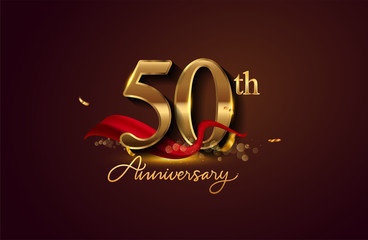 Fototapeta na wymiar 50th anniversary logo with red ribbon and golden confetti isolated on elegant background, sparkle, vector design for greeting card and invitation card