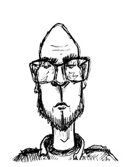 sketch portrait of funny serious guy in big glasses isolated on white