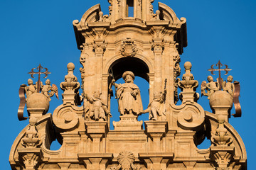 Statue of apostle Saint James. Cathedral of Santiago de Compostela, Spain. Obradeiro square in...