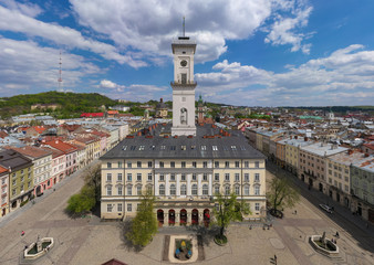 View on Lviv city hall from drone