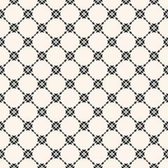 Floral grid seamless pattern. Abstract geometric texture. Simple vector black and white ornament with small floral shapes, rhombuses, stars, grid, net, lattice. Repeat design for wallpapers, textile