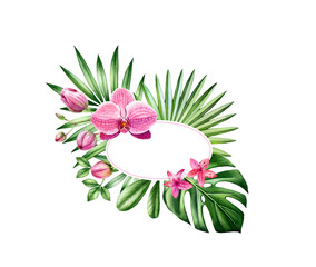 Watercolor floral banner. Oval frame with place for text. Big pink orchid flowers and palm leaves. Hand painted tropical background for logo and cards. Botanical illustrations isolated on white