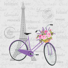 Violet bicycle with a basket full of flowers. Vintage postcard background with eiffel tower. Vector illustration