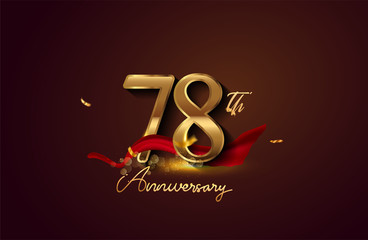 78th anniversary logo with red ribbon and golden confetti isolated on elegant background, sparkle, vector design for greeting card and invitation card