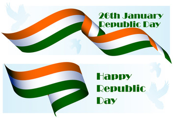 Republic Day in India, 29th of January, national holiday poster template with 3D realistic ribbon colored as Indian flag and dove for national holiday banner, icon, greeting card. Vector illustration