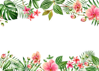 Fototapeta na wymiar Watercolor floral background. Horizontal frame with place for text. Floral borders on top and bottom. Red orchid flowers and palm, monstera leaves. Botanical tropical illustrations isolated on white
