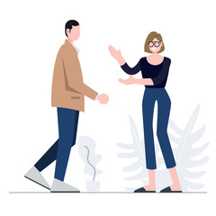 Two people have physical contact communication in person. Flat character abstract people vector.