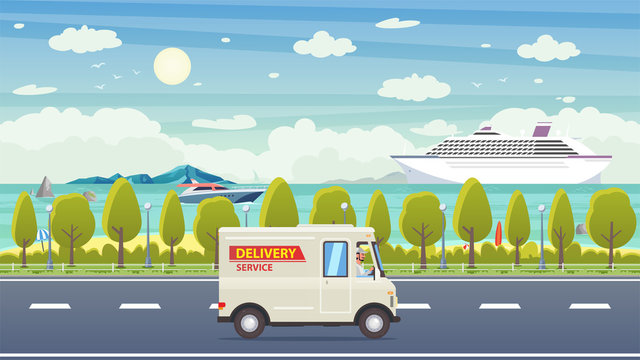 White flat delivery van and colorful sea landscape at background with green trees. Delivery service flat concept. Product goods shipping transport. Fast express truck. Cartoon vector illustration.