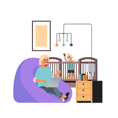 father freelancer working at home using laptop little son playing with toys in crib freelance coronavirus quarantine self-isolation concept full length vector illustration