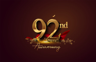 92nd anniversary logo with red ribbon and golden confetti isolated on elegant background, sparkle, vector design for greeting card and invitation card