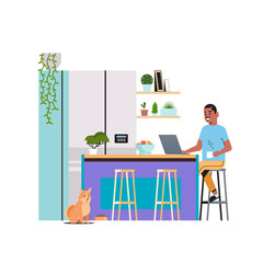man freelancer using laptop working at home during coronavirus quarantine self-isolation freelance social distancing concept full length vector illustration