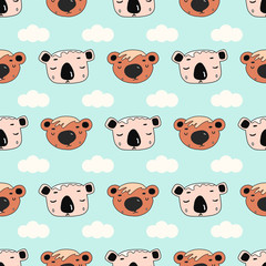 seamless pattern with Teddy bear and clouds.vector illustration in cartoon style.on white background.for decorating fabrics, children s goods, packaging, Wallpaper, toys, plasters.pastel color