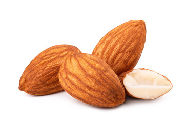 Closeup of almonds, isolated on white background