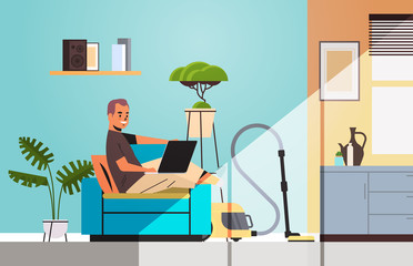 man freelancer using laptop working at home during coronavirus quarantine self-isolation freelance concept living room interior full length horizontal vector illustration