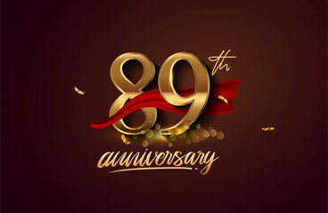 89th anniversary logo with red ribbon and golden confetti isolated on elegant background, sparkle, vector design for greeting card and invitation card