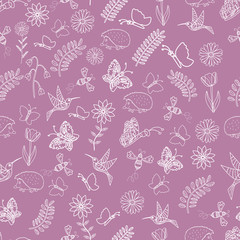 Cute seamless vector pattern background with hand drawn spring elements on a purple background.