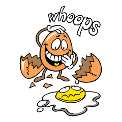 Egg laughs in an accident, the other egg broke and spilled out of the shell, text whoops, color cartoon joke