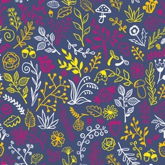 forest seamless pattern with plants, berries, herbs, flowers and mushrooms
