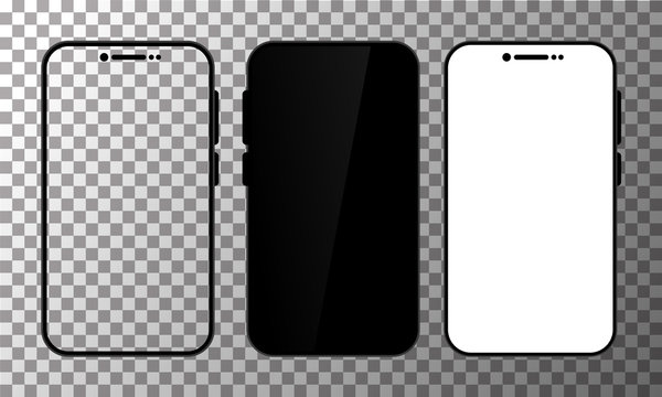 smartphone mockup set. Mobile phone blank, white, transparent screen design. Modern digital device template. Cellphone display front view mock up. Black frame. Isolated vector illustration