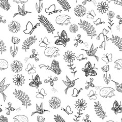 Cute seamless vector pattern background with hand drawn spring elements. 