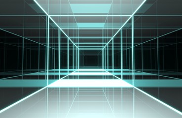 Square room With a mirrored wall around With lights and lasers Reflection around the room In the perspective view. 3D render, 3D rendering