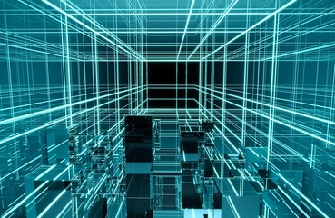 Square room With a mirrored wall around With lights and lasers Reflection around the room In the perspective view. 3D render, 3D rendering