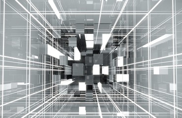 Square room With a mirrored wall around With lights and lasers Reflection around the room In the perspective view. 3D render, 3D rendering