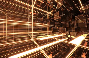 Square room With a mirrored wall around With lights and lasers Reflection around the room In the perspective view. 3D render, 3D rendering