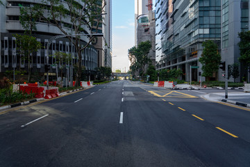 Quiet Singapore street with less tourists and cars during the city lockdown called"Circuit Breaker".