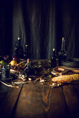 still life with food on a rustic wooden table