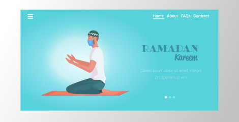 religious muslim man in mask praying ramadan kareem holy month religion coronavirus pandemic quarantine concept flat full length horizontal copy space vector illustration
