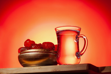 Water and dates. Iftar is the evening meal. Muslim holy month Ramadan Kareem. Hero view