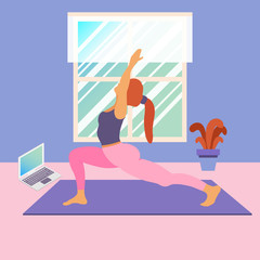 A girl is doing sports at home and stretching with yoga exercises by a laptop. Vector flat illustration of training, sports activity, gym by the application or online platform, program in quarantine