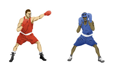 Fototapeta na wymiar Man boxer in red and woman boxer in blue olympic games illustration